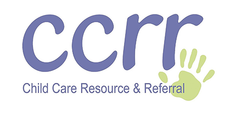 Text image of CCRR logo. Text reads CCRR Child Care Resource and Referral. Logo image by text is a toddler's handprint in green.