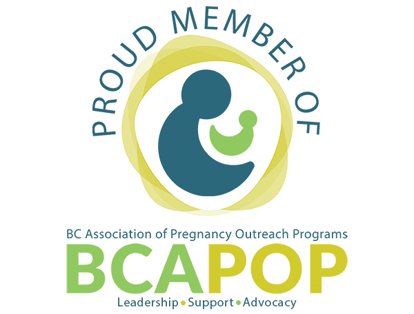 BCAPOP membership logo with text reading BC Association of Pregnancy Outreach Programs. A following tagline says Leadership, Support, Advocacy.